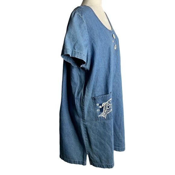 Vintage Denim Chambray Shift Dress L Fish Pockets Short Sleeves - Picture 6 of 7